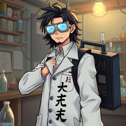 A male mad scientist character: always wearing goggles due to light sensitivity, featuring a burn scar above his left eyebrow