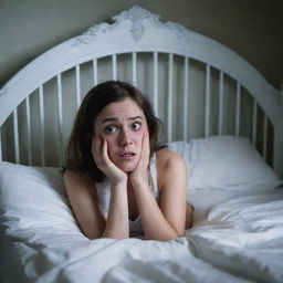 A tense and fearful girl in her bed, experiencing a vivid nightmare about an eerie white lady she has encountered earlier.