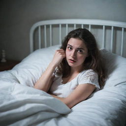 A tense and fearful girl in her bed, experiencing a vivid nightmare about an eerie white lady she has encountered earlier.