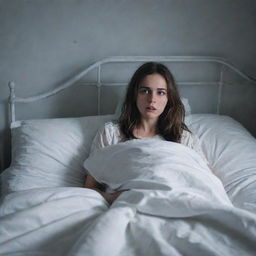 A tense and fearful girl in her bed, experiencing a vivid nightmare about an eerie white lady she has encountered earlier.