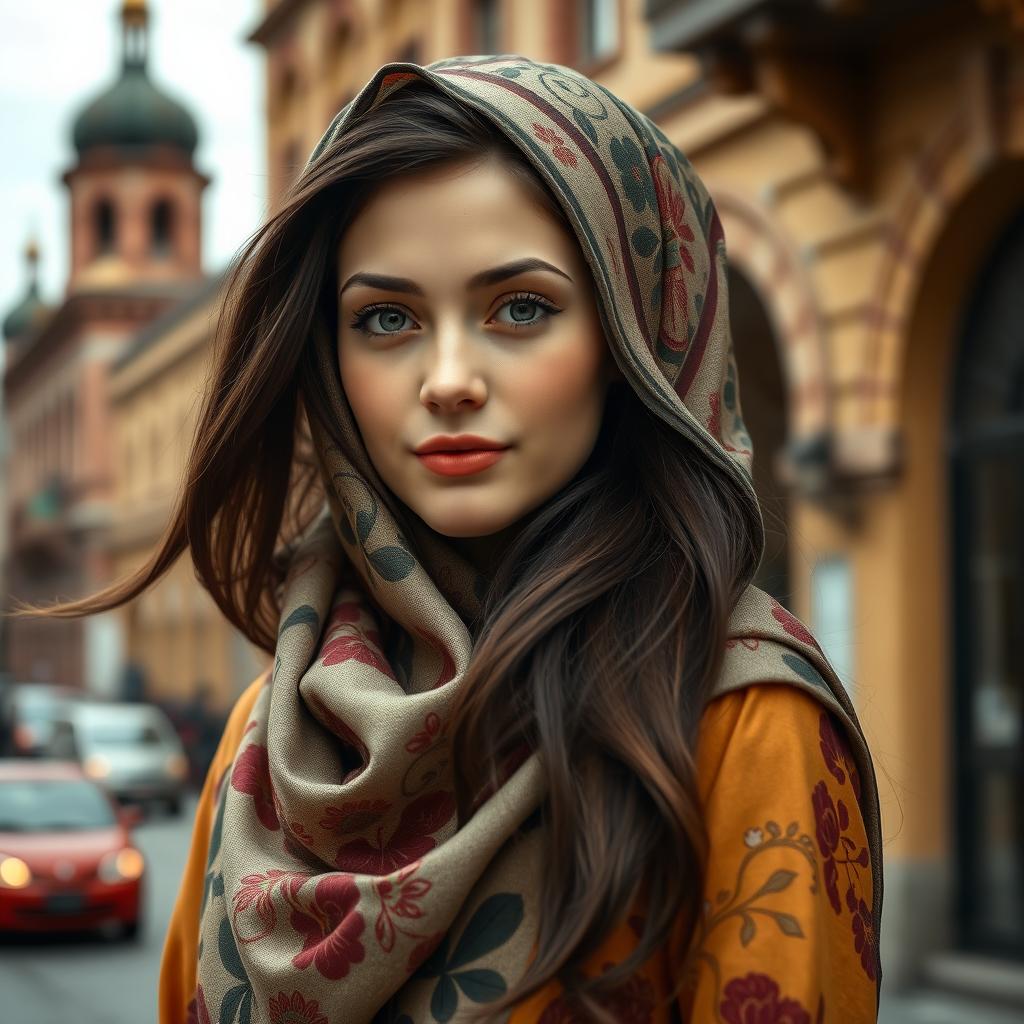 A beautiful Russian girl wearing a stylish hijab, showcasing her unique blend of cultural attire