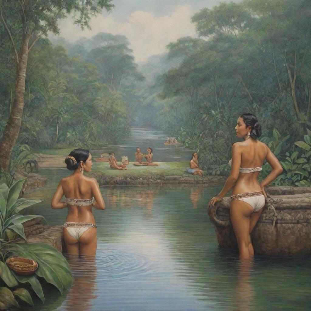 Depiction of Mayan women bathing in a serene river, one among them collecting water in a traditional jug. The scene is set against a lush backdrop imbued with details of historical and cultural accuracy.