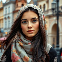 A beautiful Russian girl wearing a stylish hijab, showcasing her unique blend of cultural attire