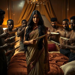 An Indian woman with long dark hair and traditional Indian attire, standing confidently amidst a group of muscular Black men, each holding a knife in a non-threatening manner