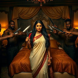 An Indian woman with long dark hair and traditional Indian attire, standing confidently amidst a group of muscular Black men, each holding a knife in a non-threatening manner