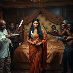 An Indian woman with long dark hair and traditional Indian attire, standing confidently amidst a group of muscular Black men, each holding a knife in a non-threatening manner