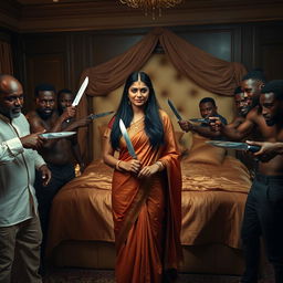 An Indian woman with long dark hair and traditional Indian attire, standing confidently amidst a group of muscular Black men, each holding a knife in a non-threatening manner