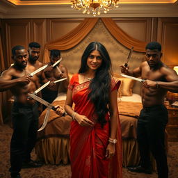 An Indian woman with long dark hair and traditional Indian attire, standing confidently amidst a group of muscular Black men, each holding a knife in a non-threatening manner