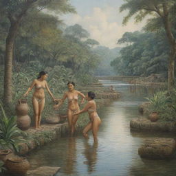 Depiction of Mayan women bathing in a serene river, one among them collecting water in a traditional jug. The scene is set against a lush backdrop imbued with details of historical and cultural accuracy.