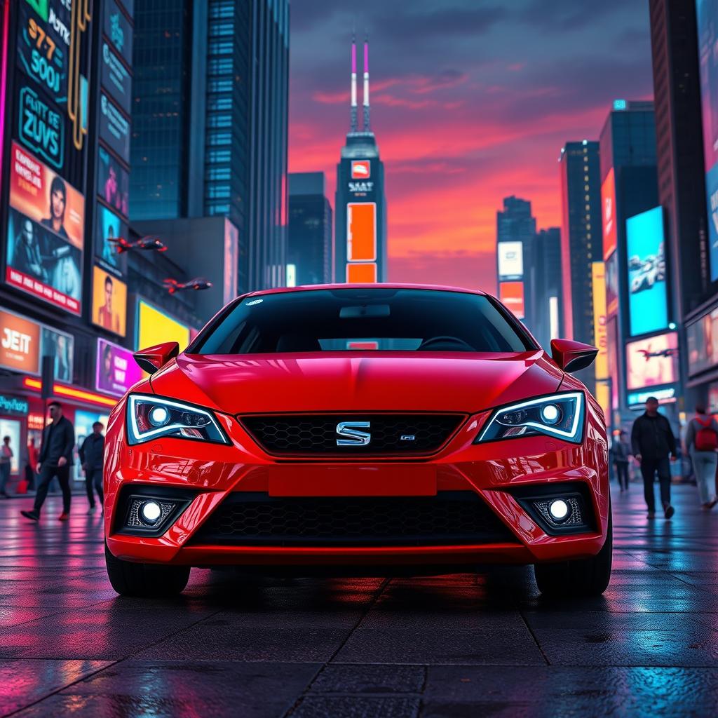 A stunning red Seat Leon MK3 parked in a vibrant, futuristic cyberpunk city