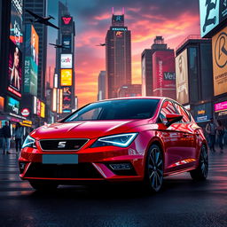 A stunning red Seat Leon MK3 parked in a vibrant, futuristic cyberpunk city