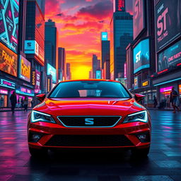 A stunning red Seat Leon MK3 parked in a vibrant, futuristic cyberpunk city