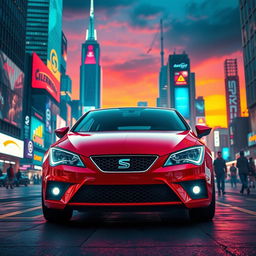 A stunning red Seat Leon MK3 parked in a vibrant, futuristic cyberpunk city