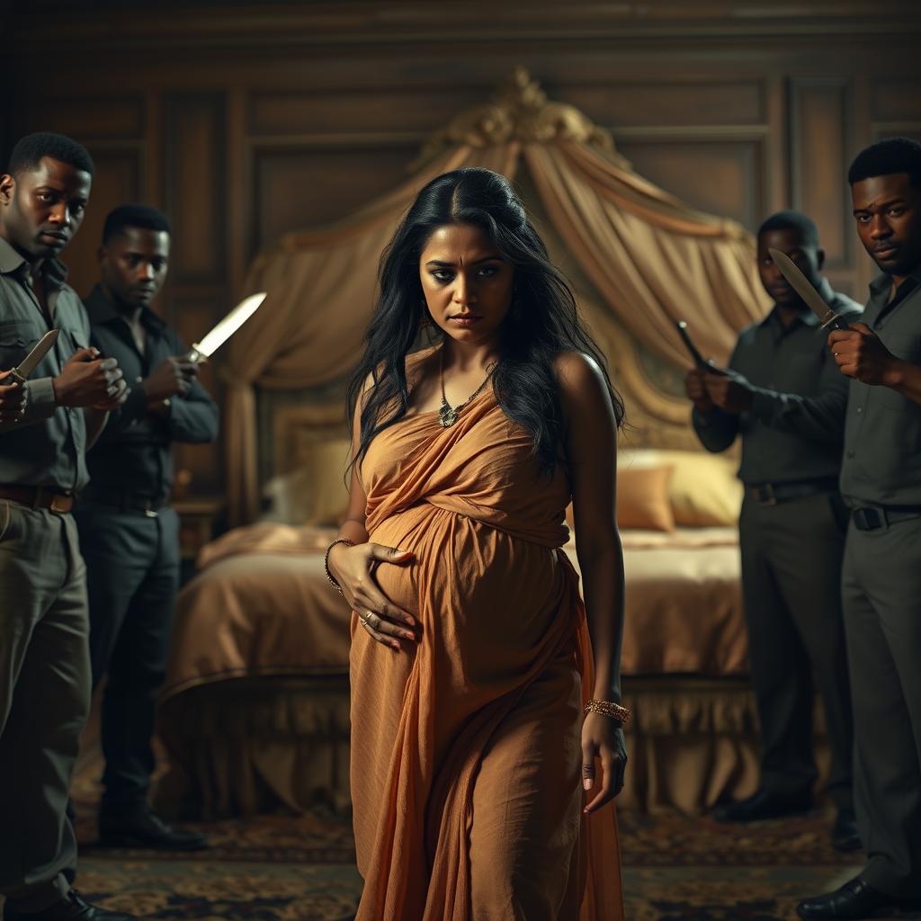 A worried pregnant Indian woman wearing a loose, flowing dress that accentuates her condition, standing amidst a group of imposing Black men