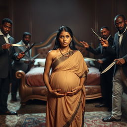 A worried pregnant Indian woman wearing a loose, flowing dress that accentuates her condition, standing amidst a group of imposing Black men