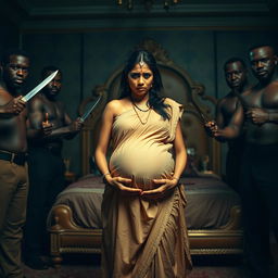 A worried pregnant Indian woman wearing a loose, flowing dress that accentuates her condition, standing amidst a group of imposing Black men