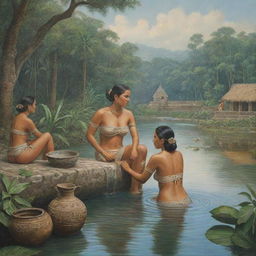 Depiction of Mayan women bathing in a serene river, one among them collecting water in a traditional jug. The scene is set against a lush backdrop imbued with details of historical and cultural accuracy.