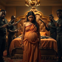 A worried pregnant Indian woman wearing a loose, flowing dress that accentuates her condition, standing amidst a group of imposing Black men