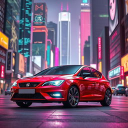 A striking red Seat Leon MK3 parked in the foreground of a dazzling cyberpunk cityscape