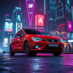 A striking red Seat Leon MK3 parked in the foreground of a dazzling cyberpunk cityscape