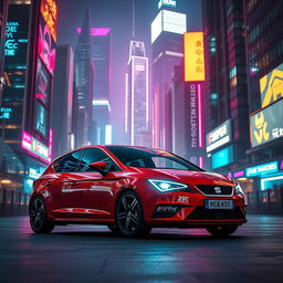 A striking red Seat Leon MK3 parked in the foreground of a dazzling cyberpunk cityscape