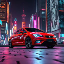 A striking red Seat Leon MK3 parked in the foreground of a dazzling cyberpunk cityscape