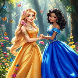 Two elegant princesses in a magical, enchanting forest