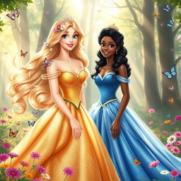 Two elegant princesses in a magical, enchanting forest