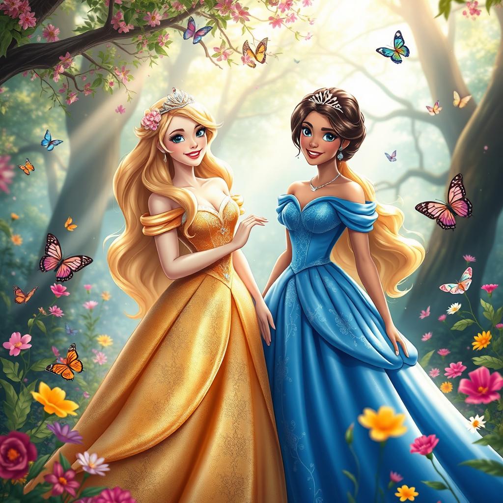 Two elegant princesses in a magical, enchanting forest