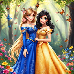 Two elegant princesses in a magical, enchanting forest