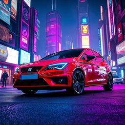 A striking image of a red Seat Leon MK3, showcasing its sleek front design, parked prominently against the backdrop of a vibrant cyberpunk city