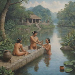 Depiction of Mayan women bathing in a serene river, one among them collecting water in a traditional jug. The scene is set against a lush backdrop imbued with details of historical and cultural accuracy.