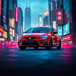 A striking image of a red Seat Leon MK3, showcasing its sleek front design, parked prominently against the backdrop of a vibrant cyberpunk city