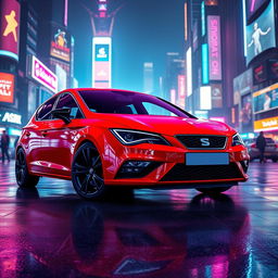 A striking image of a red Seat Leon MK3, showcasing its sleek front design, parked prominently against the backdrop of a vibrant cyberpunk city