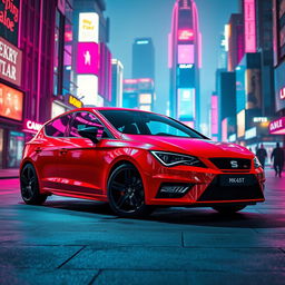 A striking image of a red Seat Leon MK3, showcasing its sleek front design, parked prominently against the backdrop of a vibrant cyberpunk city