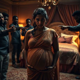 A worried pregnant Indian woman wearing a flowing dress, displaying a look of concern as she stands surrounded by a group of Black men