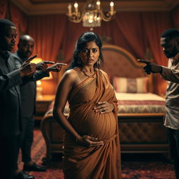 A worried pregnant Indian woman wearing a flowing dress, displaying a look of concern as she stands surrounded by a group of Black men