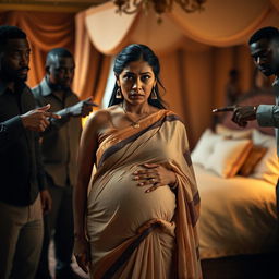 A worried pregnant Indian woman wearing a flowing dress, displaying a look of concern as she stands surrounded by a group of Black men