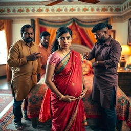 A worried pregnant Indian woman dressed in a traditional outfit, standing with a look of concern as she is surrounded by a group of Black men