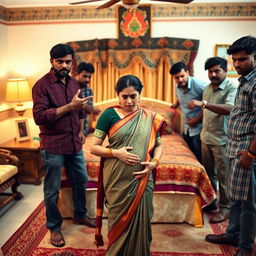 A worried pregnant Indian woman dressed in a traditional outfit, standing with a look of concern as she is surrounded by a group of Black men