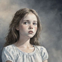 Illustration of a young girl, visibly distressed, dreaming about a mysterious white lady that she encounters.