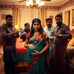 A worried pregnant Indian woman dressed in a traditional outfit, standing with a look of concern as she is surrounded by a group of Black men