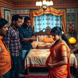 A worried pregnant Indian woman, wearing a traditional, colorful outfit, standing with a look of concern as she is surrounded by a group of Black men