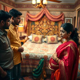 A worried pregnant Indian woman, wearing a traditional, colorful outfit, standing with a look of concern as she is surrounded by a group of Black men