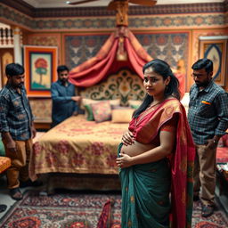 A worried pregnant Indian woman, wearing a traditional, colorful outfit, standing with a look of concern as she is surrounded by a group of Black men