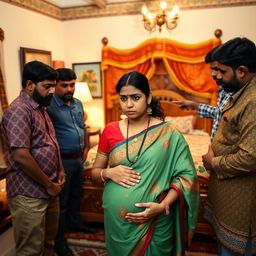 A worried pregnant Indian woman, wearing a traditional, colorful outfit, standing with a look of concern as she is surrounded by a group of Black men