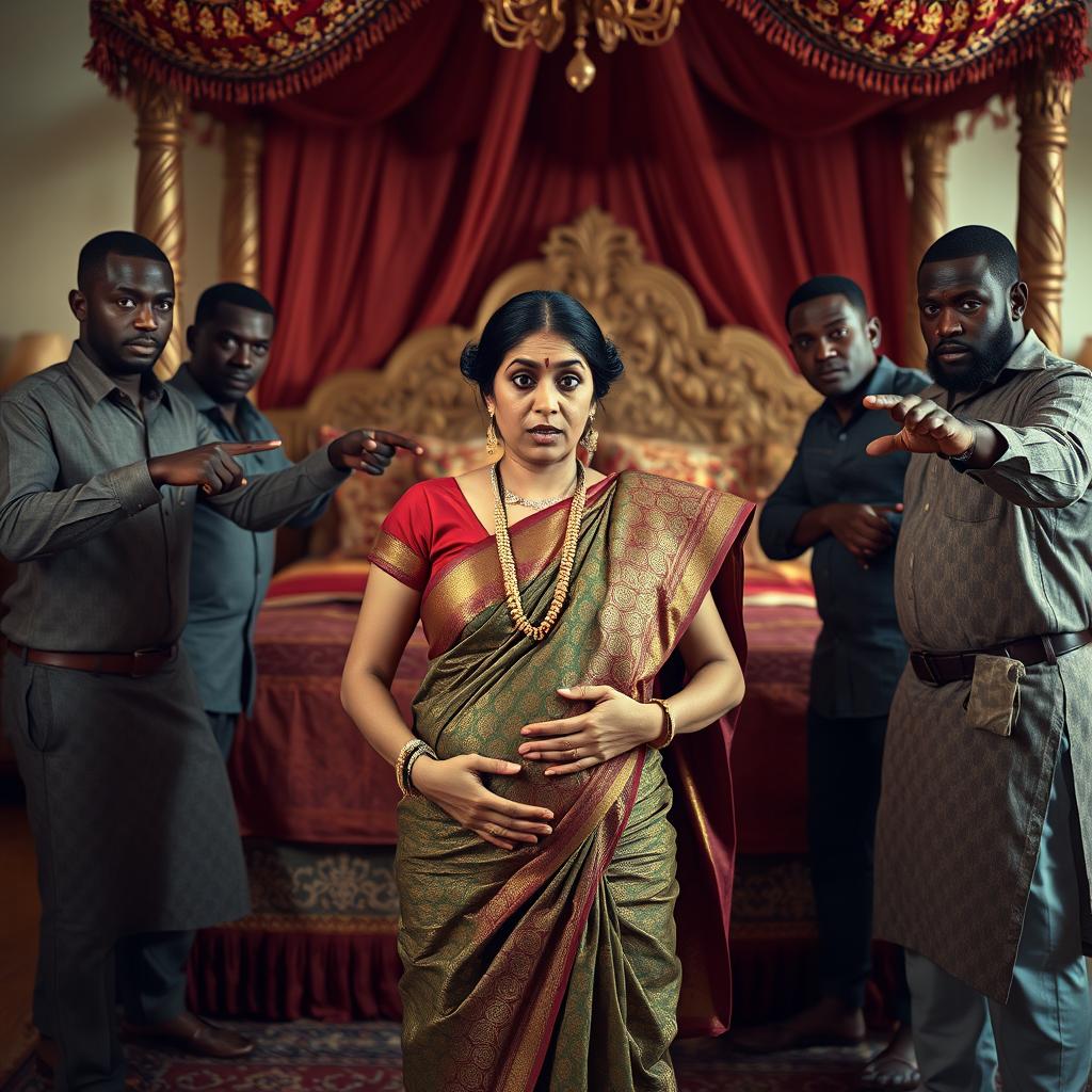 A worried pregnant Indian woman dressed in traditional attire, standing with an anxious expression as she is surrounded by a group of Black African men