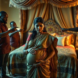 A worried pregnant Indian woman dressed in traditional attire, standing with an anxious expression as she is surrounded by a group of Black African men