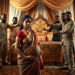 A worried pregnant Indian woman dressed in traditional attire, standing with an anxious expression as she is surrounded by a group of Black African men