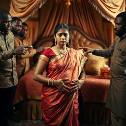 A worried pregnant Indian woman dressed in traditional attire, standing with an anxious expression as she is surrounded by a group of Black African men